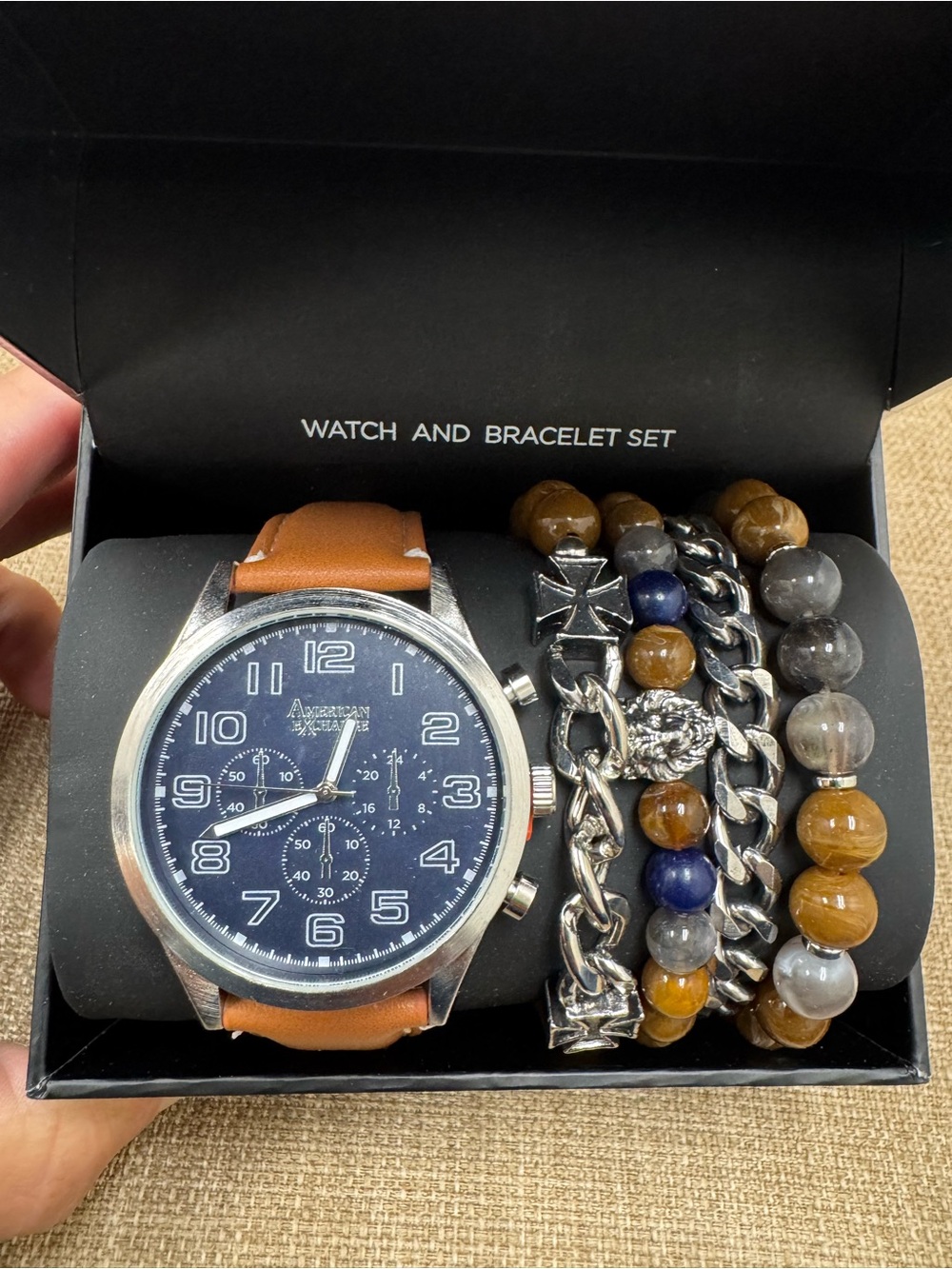 American Exchange Men's Watch & Bracelet Set Silver Tone Brown Strap